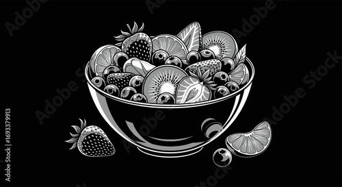Monochrome fruit bowl illustration showcasing a mix of sliced and whole fruits for balanced diet