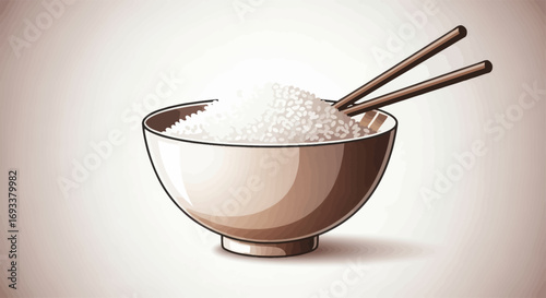 Rice bowl with chopsticks, illustration of asian cuisine staple food preparation