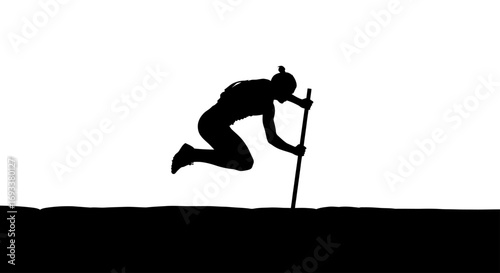 Silhouette of athletic woman pole vaulting against a stark white background offering a study in
