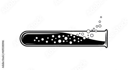 Sleek monochrome test tube brimming with dark liquid and emerging effervescent bubbles