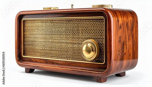 Vintage Radio with Golden Mesh, Antique Wooden Radio on White Background