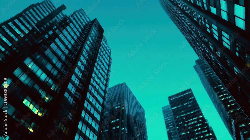 Fototapeta premium Aerial view of towering skyscrapers under a twilight sky, showcasing modern architecture and city life