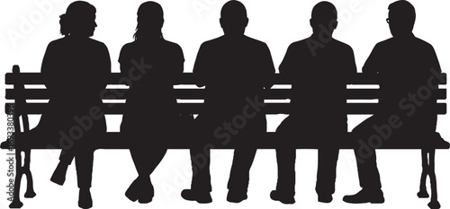 Five People Sitting on a Park Bench Silhouette Vector Illustration