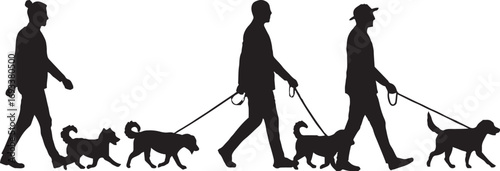 Diverse Male Figures Walking Dogs Silhouette Vector Set