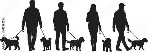 Diverse Dog Walkers Silhouettes Black and White Vector