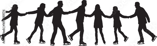 Black Silhouette of Seven People Ice Skating Hand in Hand