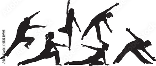 Dynamic Yoga and Stretching Poses Silhouettes Set
