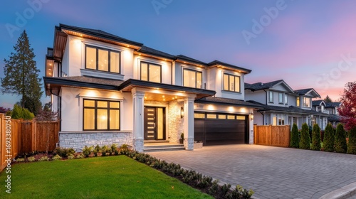 Modern luxury home exterior at twilight, showcasing elegant architecture and landscaped yard