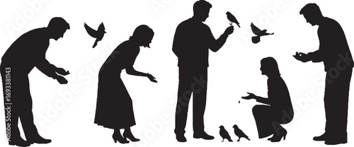 Silhouettes of People Feeding Birds Vector Set, Human Animal Interaction