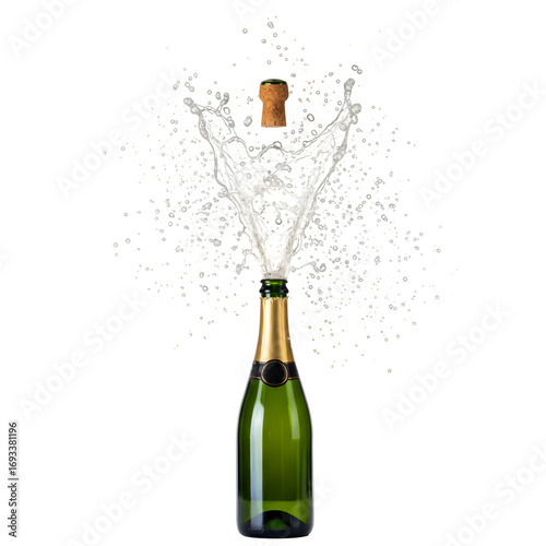 Champagne bottle pops open with splash, flying cork, and sparkling spray. Isolated on white or transparent background. PNG format.