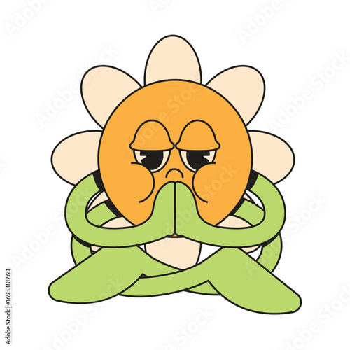 Cute flower mascot retro character doing yoga cartoon illustration