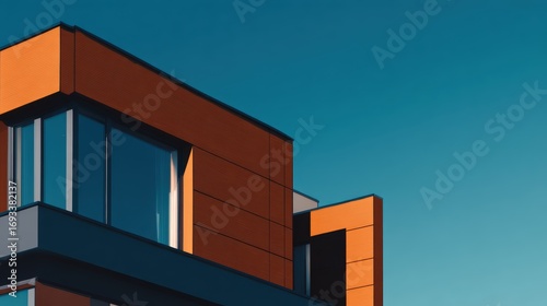 Modern architectural design featuring orange and blue elements against a clear sky backdrop