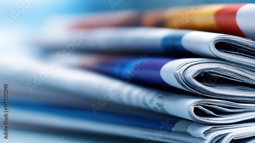 Close-up of neatly stacked newspapers showcasing colorful headlines and articles in a blurred background