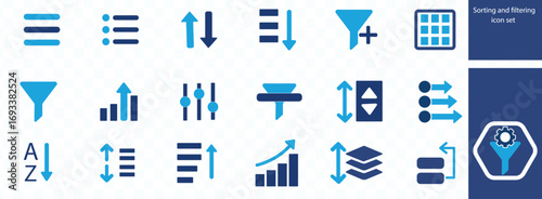 Sorting and filtering icon set. filter, list, arrange, refine, sort, organize, priority, reorder, category and more. Solid vector icons collection.