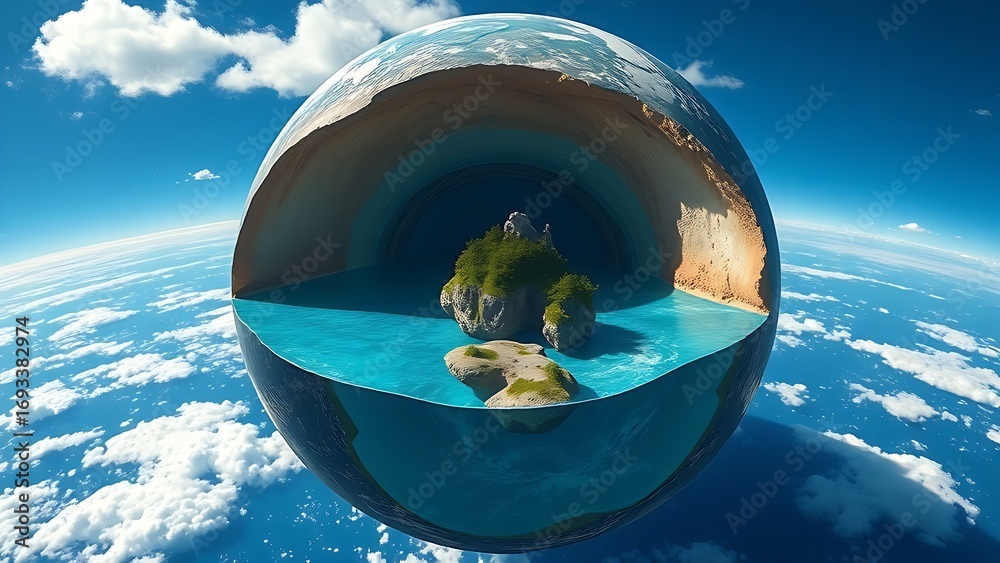 Fototapeta premium A cutaway Earth core reveals an azure ocean with floating islands, defying natural laws.