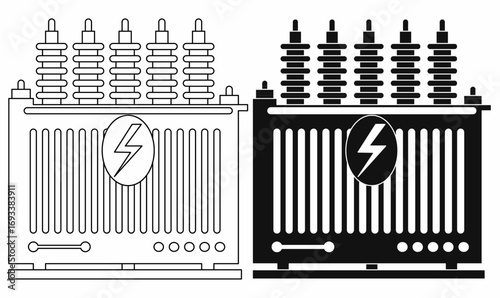 Vector illustration of electrical transformer icon with insulators, voltage symbol, black and white outline and silhouette solid style, power distribution, energy, electricity equipment design.