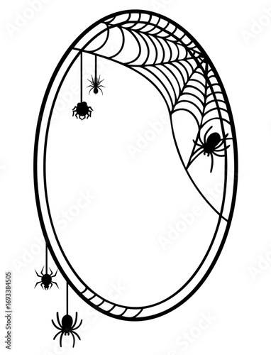 Oval Halloween frame with spider webs and crawling spiders