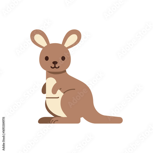Flat vector illustration of a brown kangaroo standing upright, friendly cartoon style with simple shapes, isolated