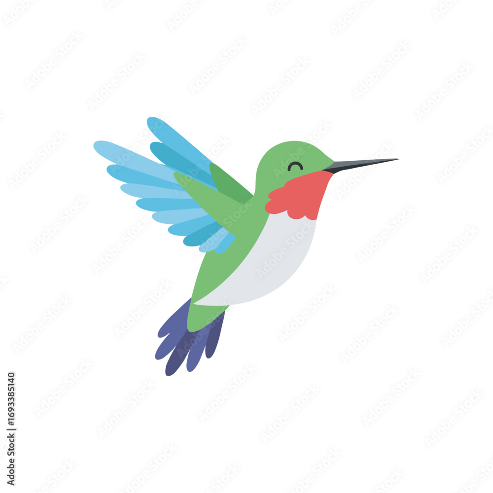 Obraz premium Colorful flat design illustration of a hummingbird in flight with green body, blue wings, and red throat, isolated