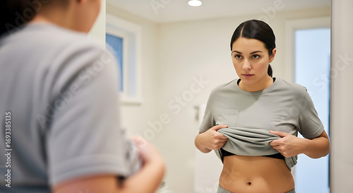 A young woman inspecting her abdomen in a mirror after pulling up her t-shirt concerned about her body shape and weight