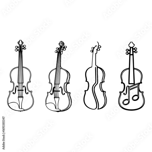 Set of four stylized violin icons featuring different designs. Each icon is a black line drawing, showing variations in representation and detailing
