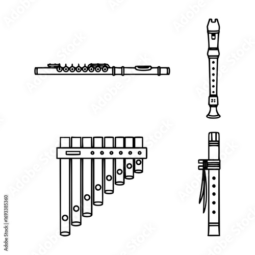 Icon set depicting four different wind instruments in a black outline style on a white background
