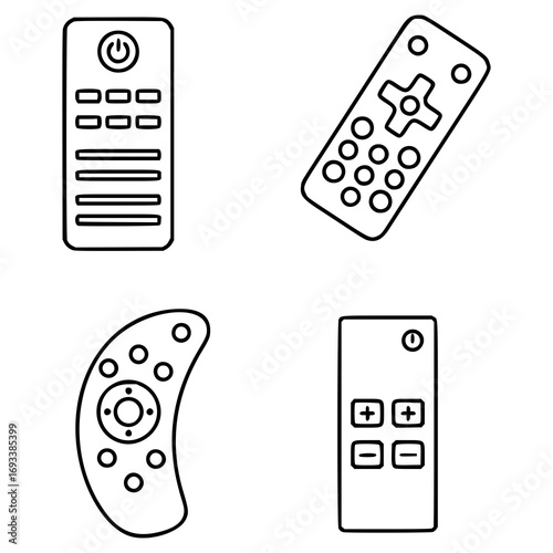 Set of four black and white remote control icons on a white background. Designs vary in shape