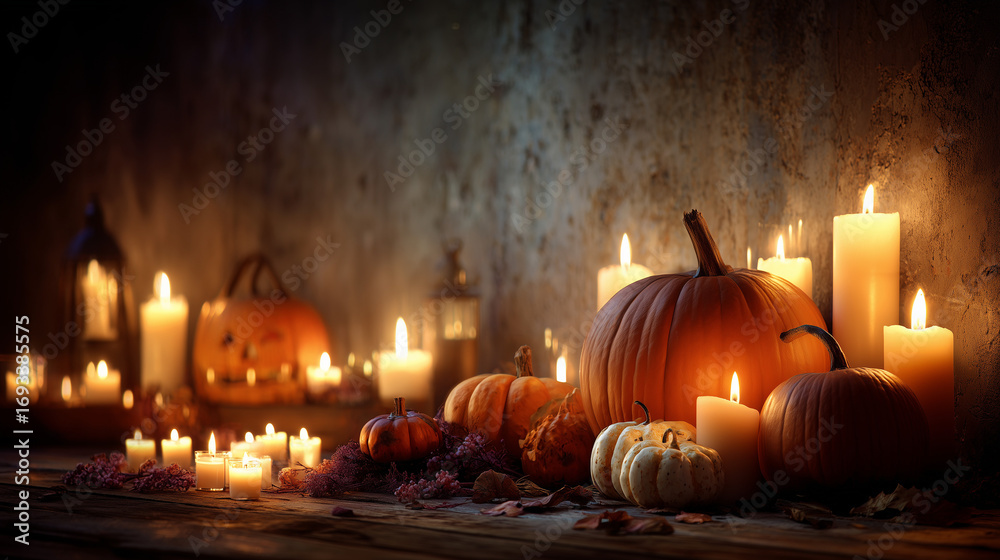 Naklejka premium Halloween Night Party with Pumpkins, Candles and Spooky Atmosphere