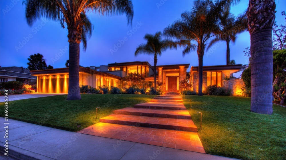 Obraz premium Modern architectural home illuminated at dusk with palm trees lining the pathway and vibrant garden