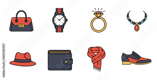 Collection of fashion accessories displayed neatly on a white surface, showcasing style and elegance with a modern minimalist aesthetic.