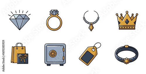 Collection of precious objects including diamond, ring, necklace, crown, gifts, safe, tag, and bracelet displayed on white surface, representing wealth and luxury.