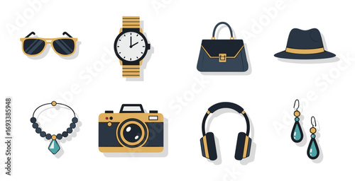 Fashionable accessories arranged neatly on a white surface, showcasing style and elegance with a modern minimalist aesthetic.
