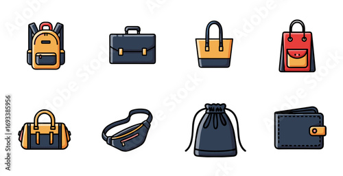 Collection of different bags displayed on white surface, showcasing various styles and uses, creating a visually appealing and organized presentation.