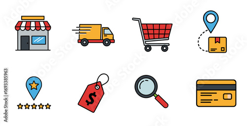Ecommerce elements representing online shopping and delivery services on white offer a modern and convenient retail experience.