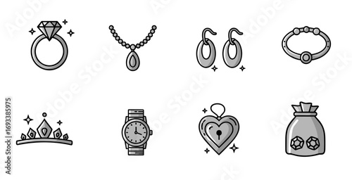 Collection of jewelry items displayed in neat rows against a white backdrop showcasing elegance and luxury with delicate details and a minimalist aesthetic.