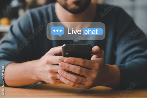 Digital Communication: Close-up shot captures the seamless interface of instant communication, illustrating the Live Chat functionality with a person. 