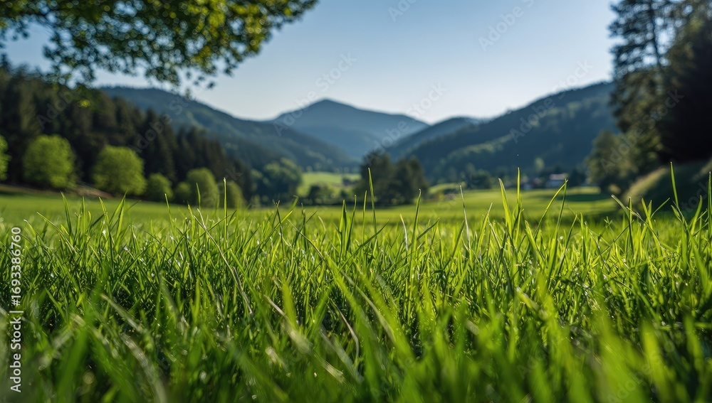 Fototapeta premium Lush green grass field with distant mountain view