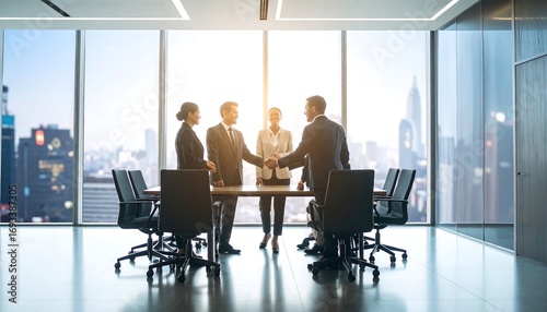 Businesspeople shaking hands in a modern boardroom