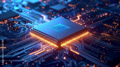 Futuristic Central Processing Unit Animation with Circuit Board and Glowing Pathways
