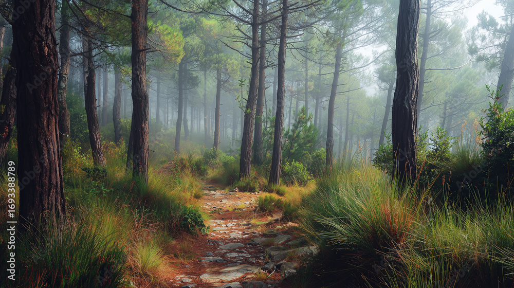 Obraz premium Misty morning in a pine forest