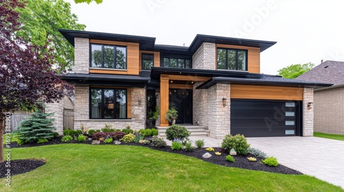 Modern two-story house with stone and wood accents, surrounded by landscaped gardens and trees