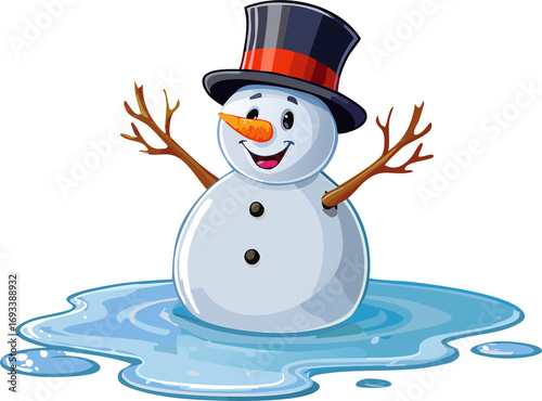 A humorous and quirky vector graphic of a snowman melting into a puddle, with only its carrot nose, coal eyes, and top hat remaining, a funny take on winter, isolated on a white background.
