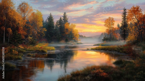 Wallpaper Mural Serene river winding through autumn forest with vibrant foliage, misty sunset reflection, peaceful nature landscape, seasonal escape Torontodigital.ca