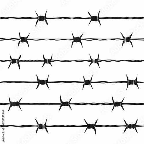 Barbed wire silhouettes seamless pattern. Vector background of steel black wire barb fence. Concept of protection, danger or security