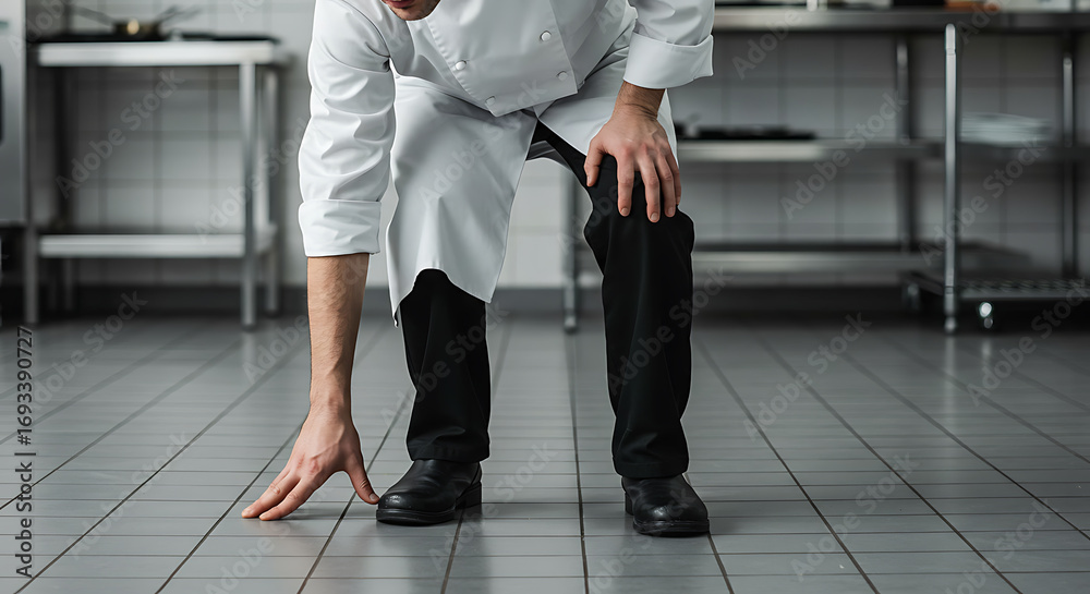 Fototapeta premium Professional Chef Bending Down in Commercial Kitchen