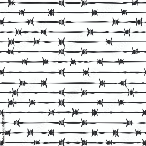 Barbed wire silhouettes seamless pattern. Vector background of steel black wire barb fence. Concept of protection, danger or security