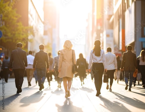 City street scene, sunlit.  Busy commuters