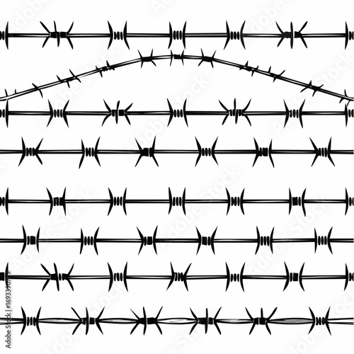 Barbed wire silhouettes seamless pattern. Vector background of steel black wire barb fence. Concept of protection, danger or security