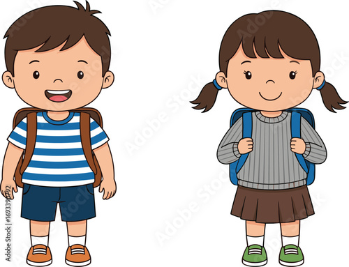 Cute cartoon school boy and girl wearing backpacks, standing and smiling, ready for school in colorful vector illustration for education.Cute cartoon school 