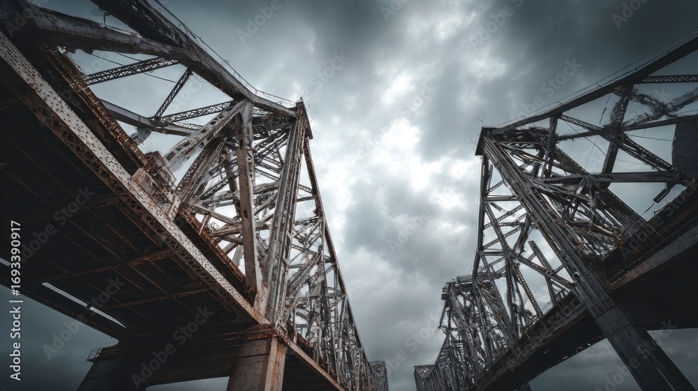 Naklejka premium Steel bridge under cloudy sky